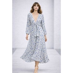 Emory Park Women’s Blue Floral Midi Dress Size L V-Neck Long Sleeve Tie Waist